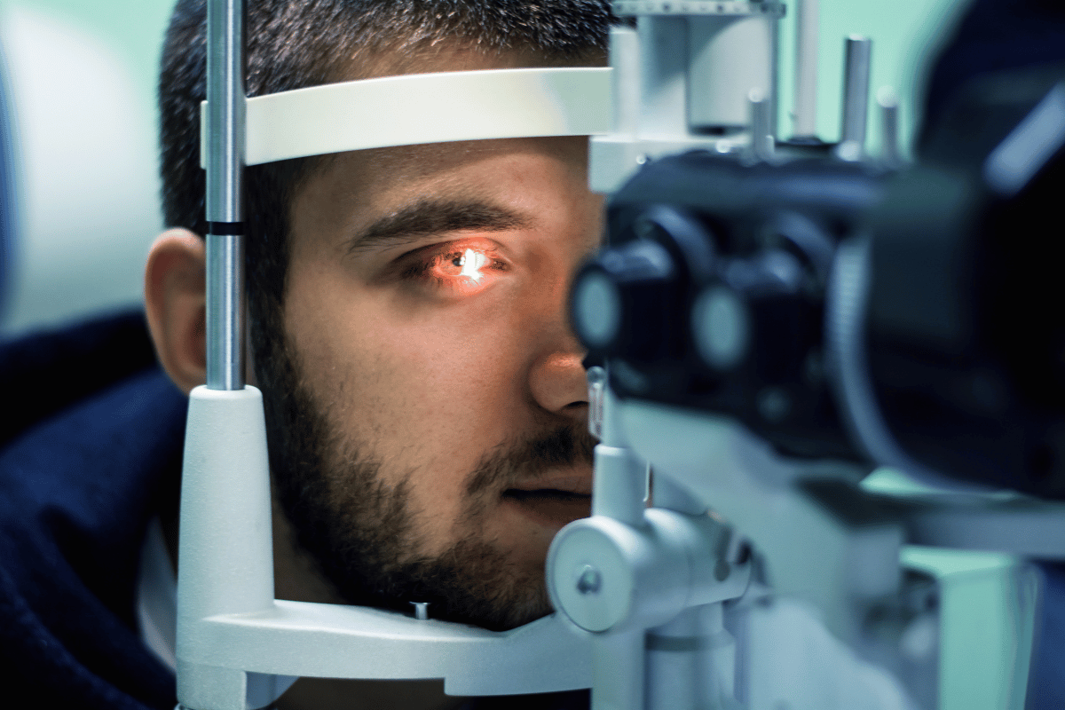 close-up shot of a man getting an eye exam